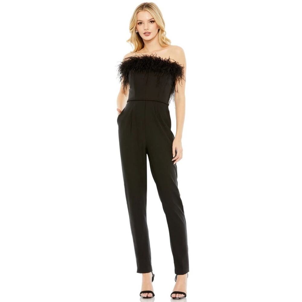 Mac Duggal NEW Size 6 68146 Black Feather Neck Sleeveless Strapless Jumpsuit